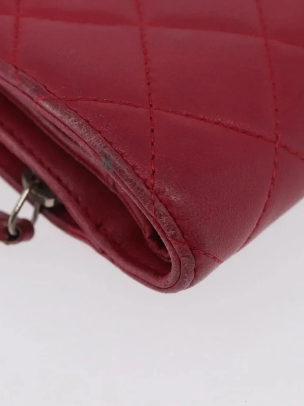 CHANEL Matelasse Bifold Wallet Lamb Skin Red Silver CC Auth YKZ104